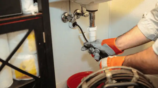 Drain cleaning technician using a motorized plumbing snake to clear a clogged sink pipe in Akron, OH